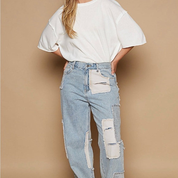 POL Blue and Cream Patchwork Boyfriend Jeans - Picture 6 of 6